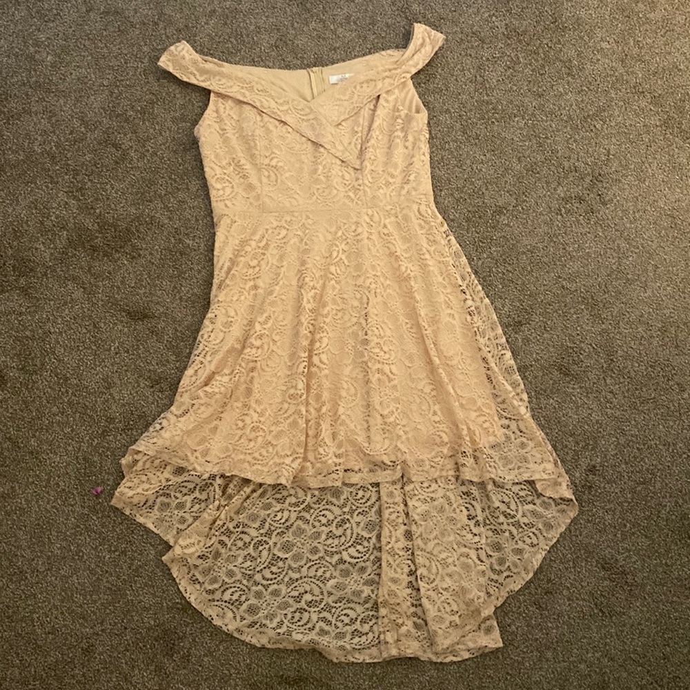 Nude/ beige  off the shoulder lace dress with knee length high low bottom